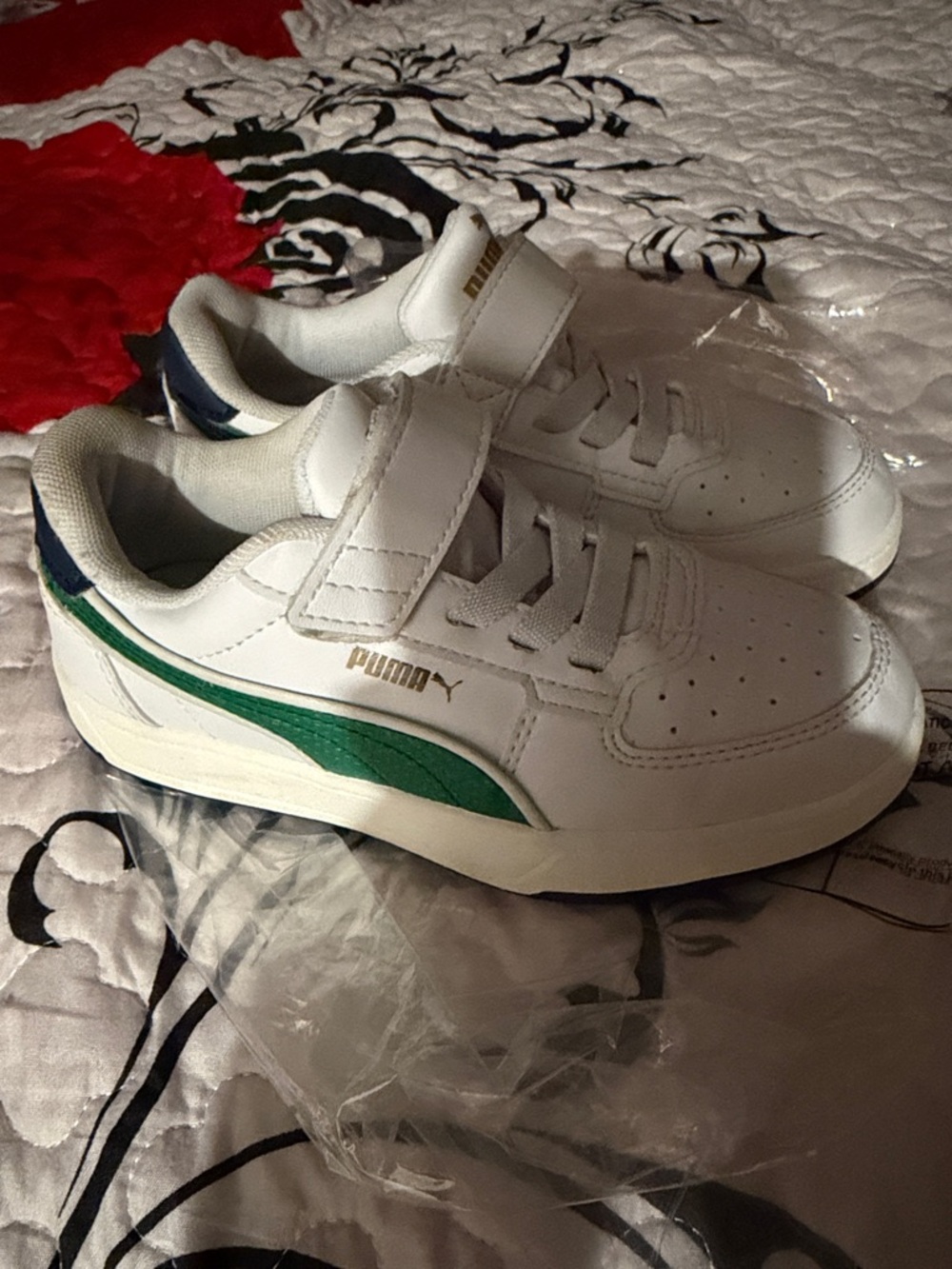 Puma Kids White Sneakers with Teal Accent and Gold Logo